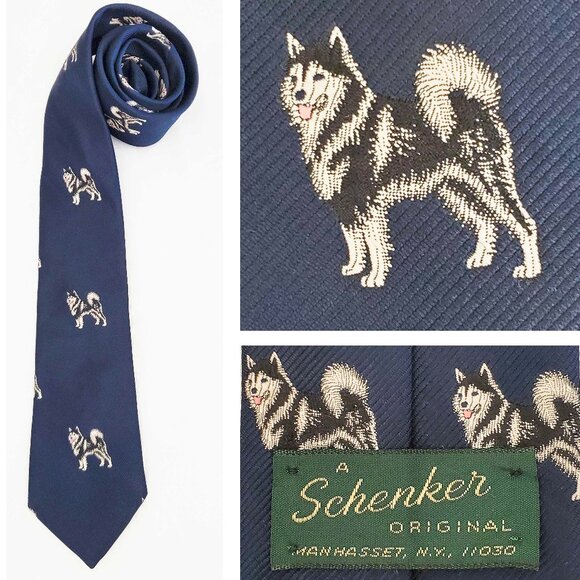 Schenker Vintage Mens Dog Husky Neck Tie Navy
